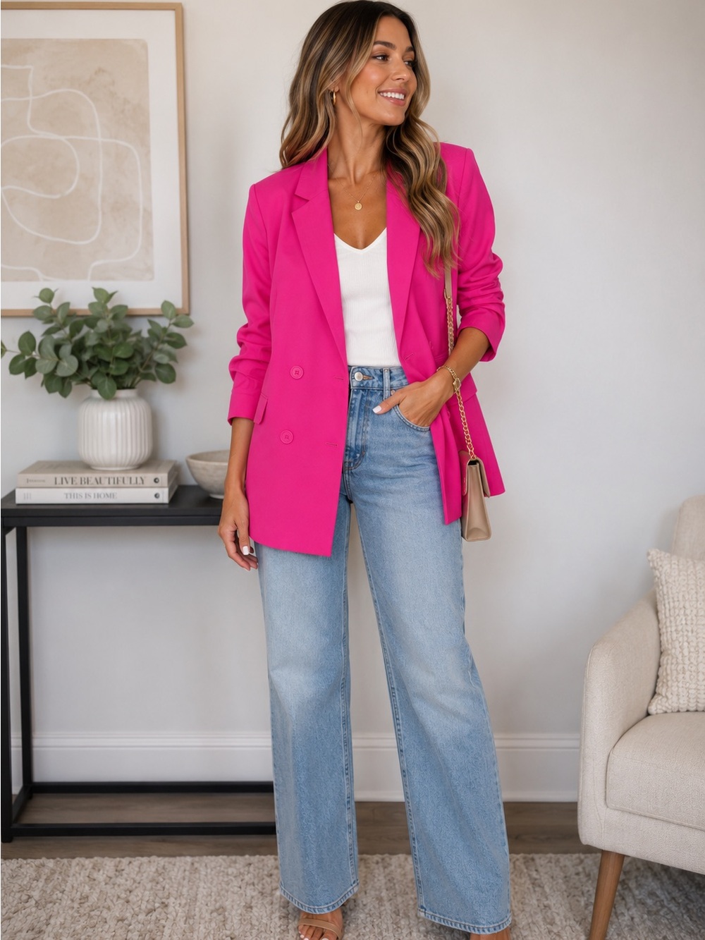 Hot Pink Double Breasted Blazer Jacket Size S Career Business Casual